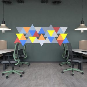 Panou acustic Triangle din PET felt L30 x 0.8 cm, ideal pentru absorbția sunetului și design acustic modern în birouri și locuințe.