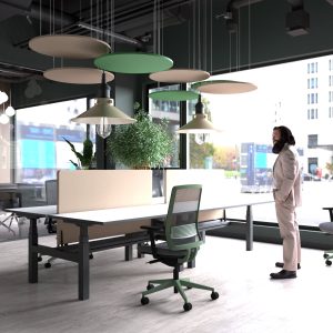 Panou acustic Petfelt de tavan Circle max – D80 cm in openspace cu zone de lucru