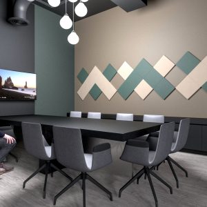 Panou acustic Petfelt Square M 40x40x0.8 cm, soluție eficientă pentru reducerea ecoului și îmbunătățirea acusticii în birouri și spații moderne ilustreaza sala de discutii