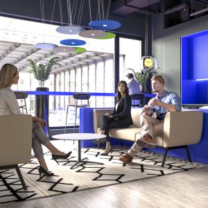 Corp iluminat acustic PETFelt Echo Disk suspendat cu design circular modern in zona de discutii informale